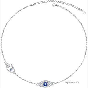 Sterling Silver Evil Eye Hamsa Hand Choker Necklace 13" Chain